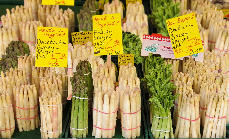Varietà di asparagi bianchi e verdi. Germania